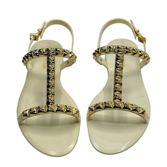 Stuart Weitzman Jelly Sandals Size 7 Studded T-Strap "Jelrose" Cream Gold - Picture 2 of 10